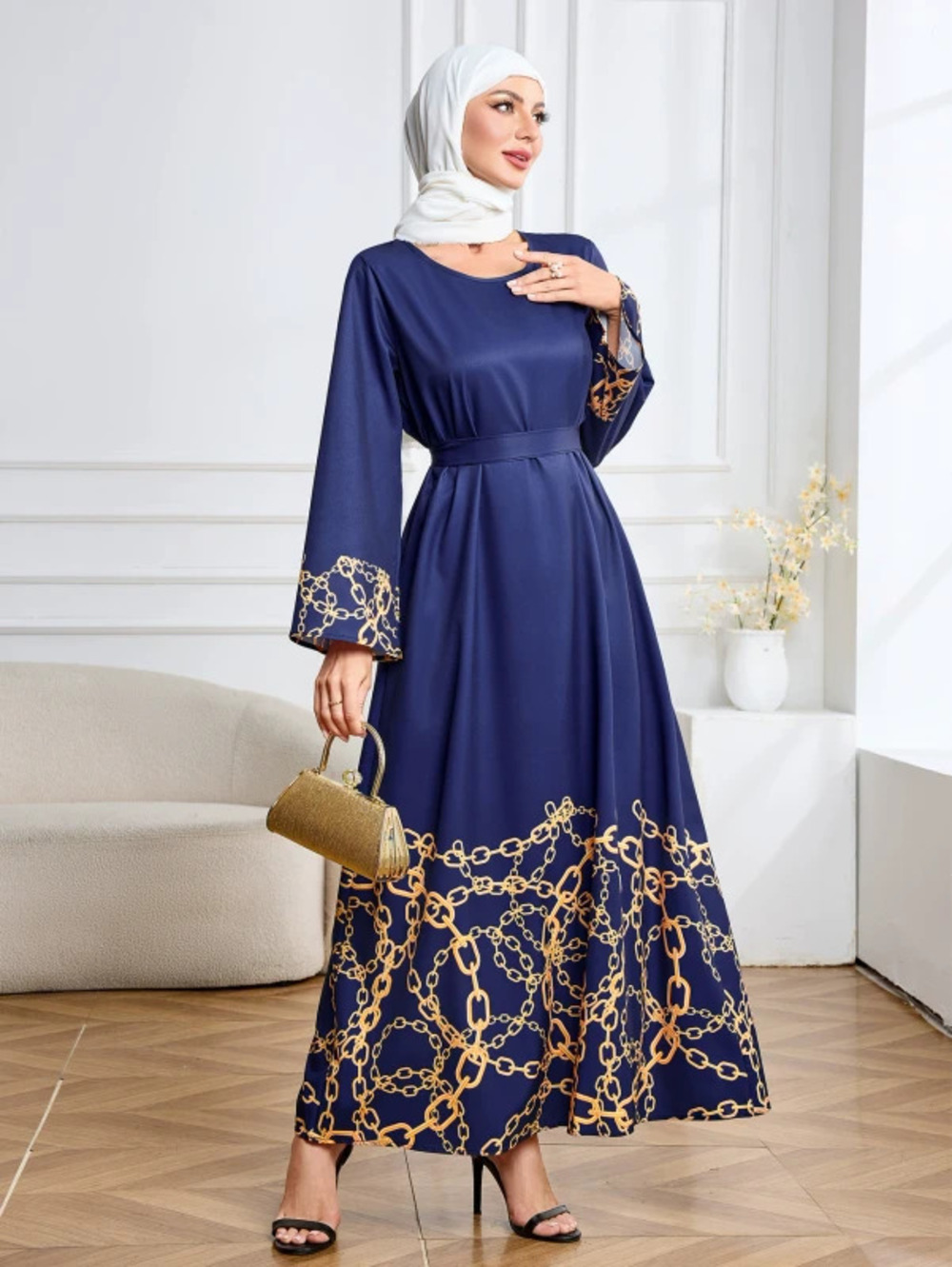 Elegant Printed Round Neck Belted Long Dress Robe Tunic